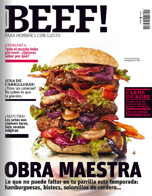 Una de las portadas de la revista BEEF!, con una hamburguesa superespecial.