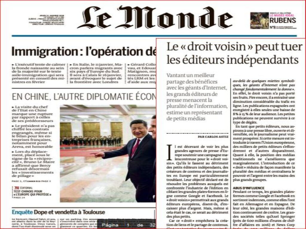 Portada y artículo de Le Monde.