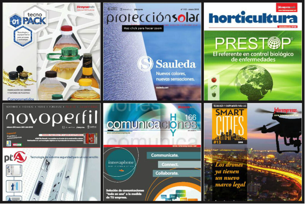 Seis portadas de las publicaciones profesionales de Interempresas.