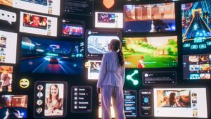 Mujer observando pantallas con contenido digital y redes sociales