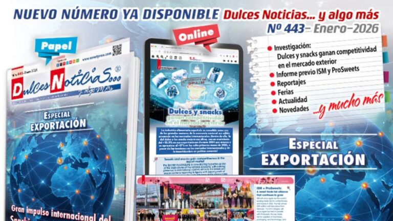 Portada de la revista Dulces Noticias con enfoque en exportación de snacks.