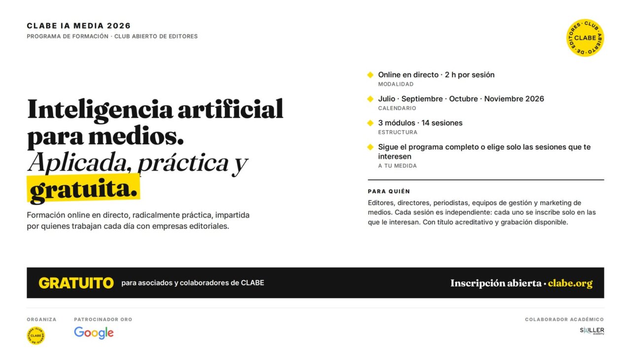 Banner de CLABE IA Media 2026 sobre formación en inteligencia artificial para medios.